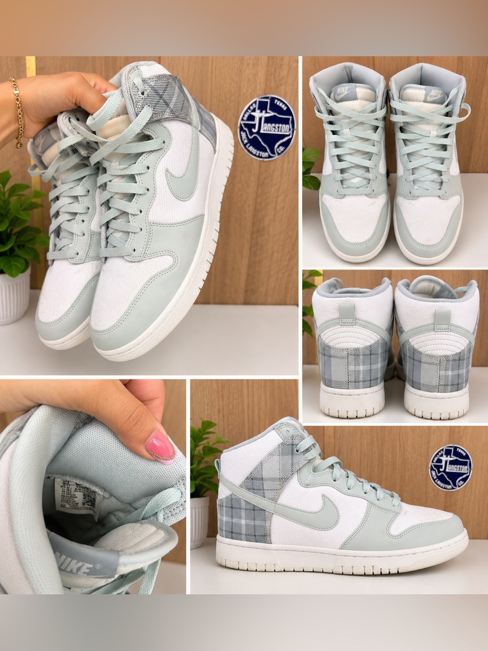 Nike Dunk High Sneakers – White/Light Sage Plaid 🌿✨